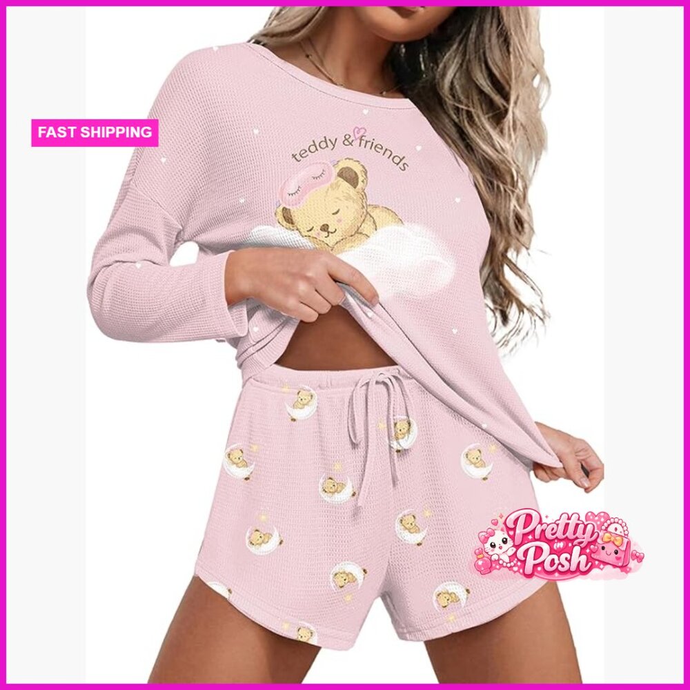 Waffle Knit Pajama Set Long Sleeve Top and Shorts with Pockets
